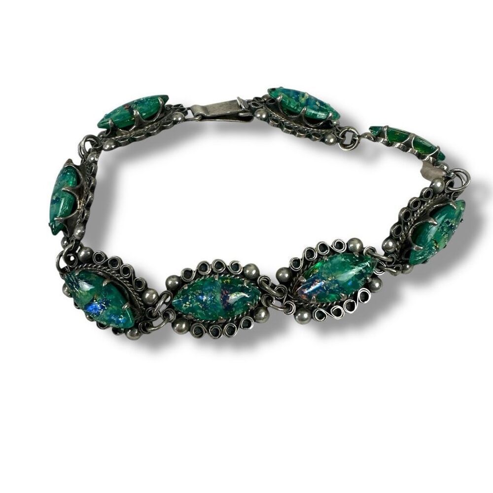 Vintage Silver Cabochon Link Bracelet Artsy Green Sparkle Southwestern Tribal
